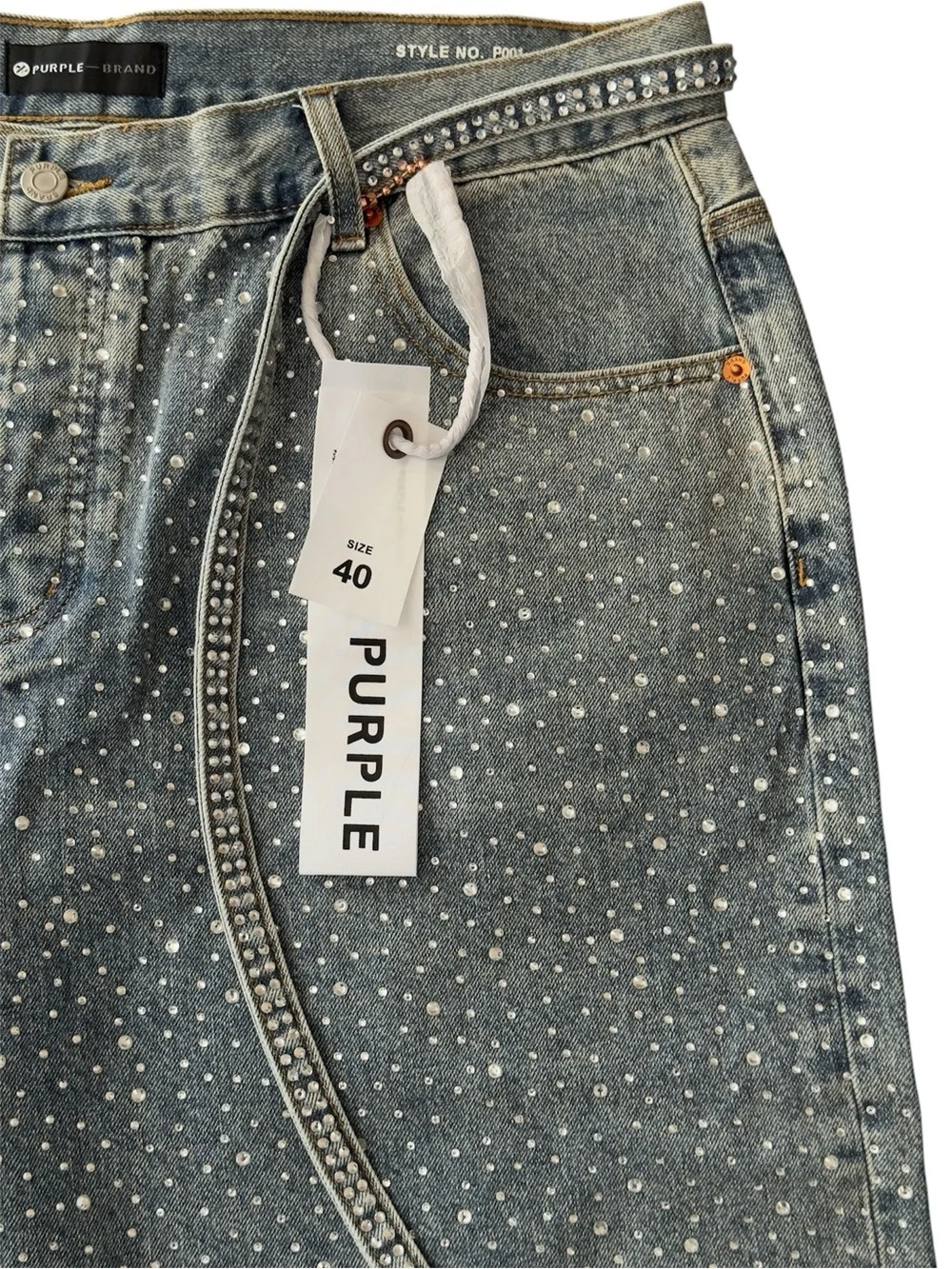 Purple Brand Light Wash Rhinestone Denim Shorts - Blue
